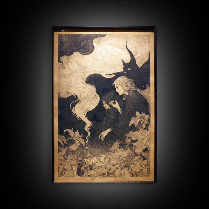 Art Nouveau Witchcraft, Symbolist Dream Art, Vertical Wall Art, Dark Fantasy Wall Art, Framed Canvas Print, Halloween Wall Art
