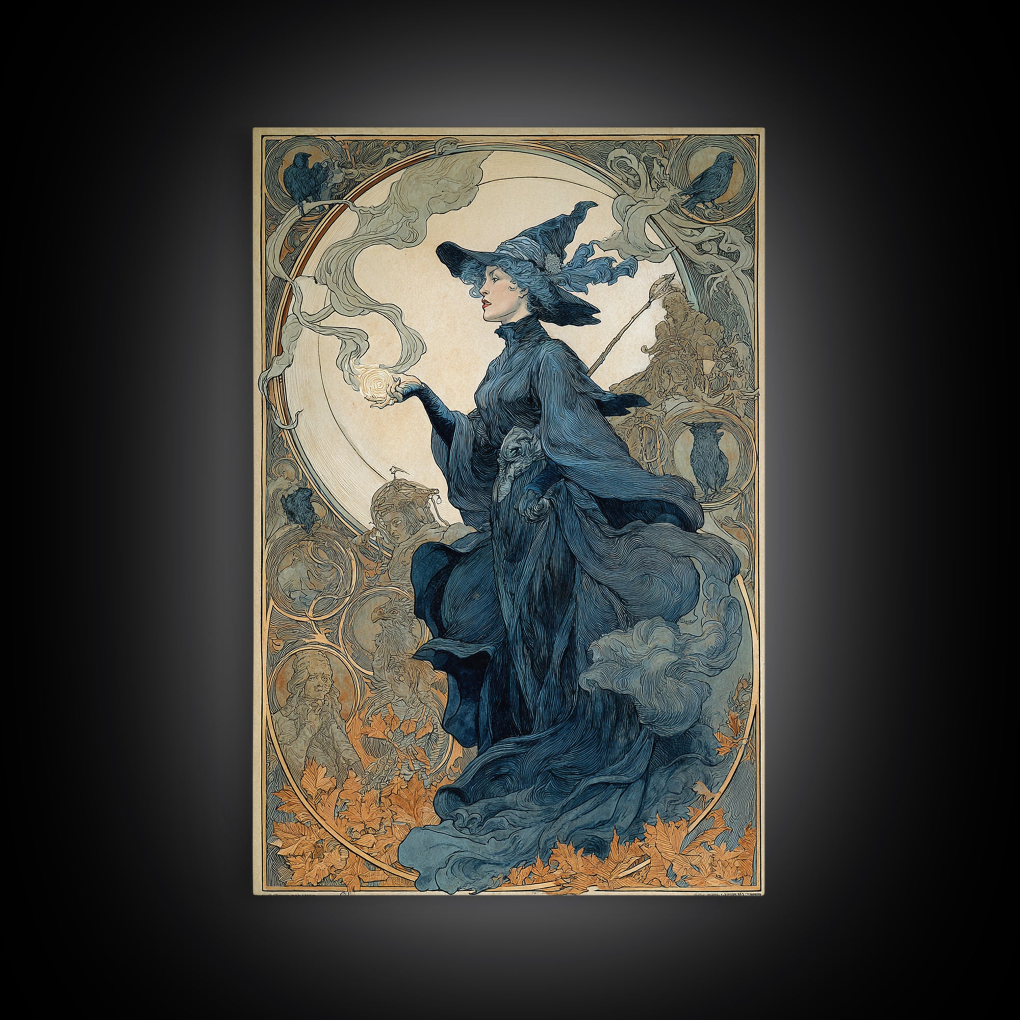Art Nouveau Witchcraft, Symbolist Death Art, Vertical Wall Art, Dark Halloween Decor, Framed Canvas Print, Halloween Wall Art
