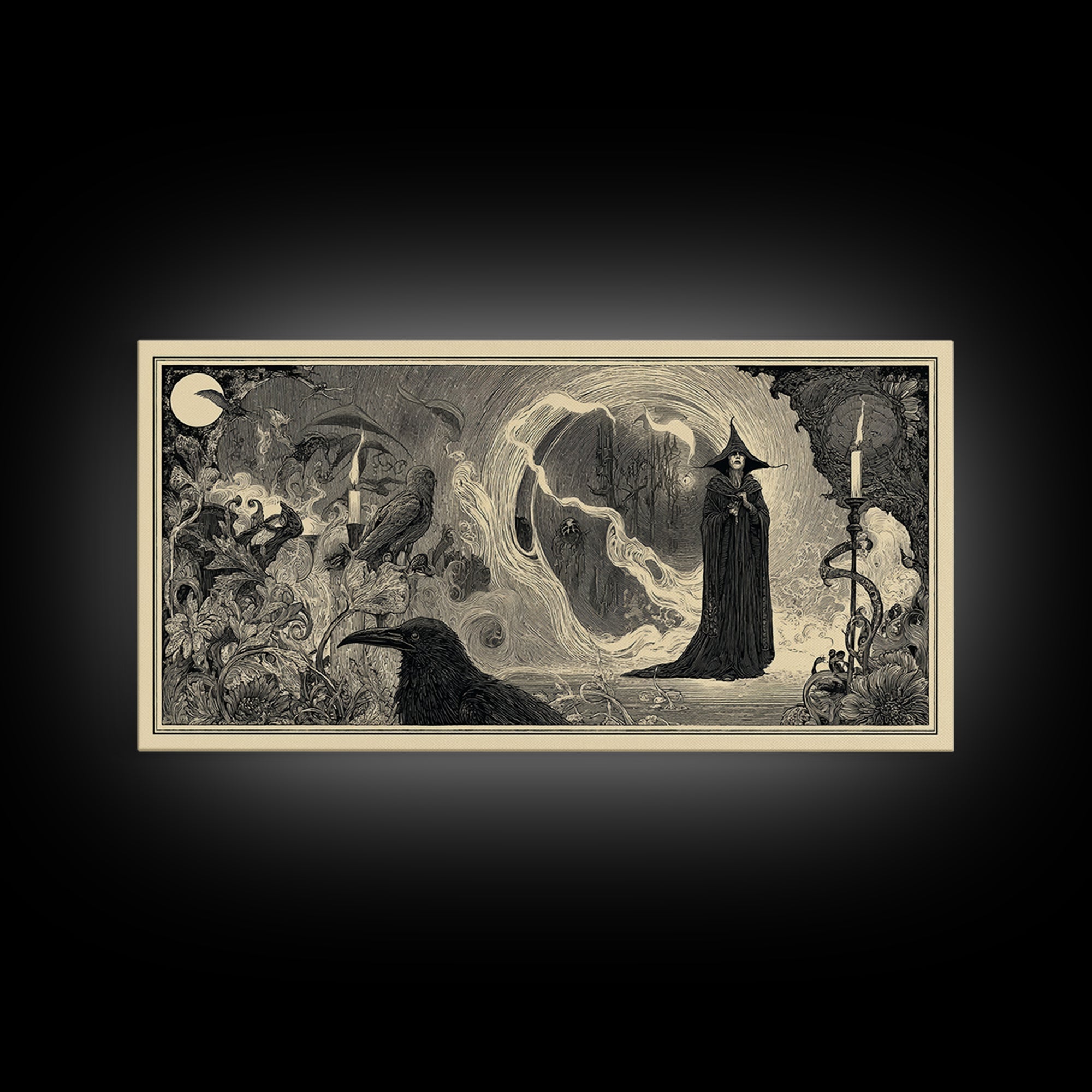 Art Nouveau Witchcraft, Expressionist Nightmare Art, Wide Panoramic Art, Dark Halloween Decor, Framed Canvas Print, Halloween Wall Art