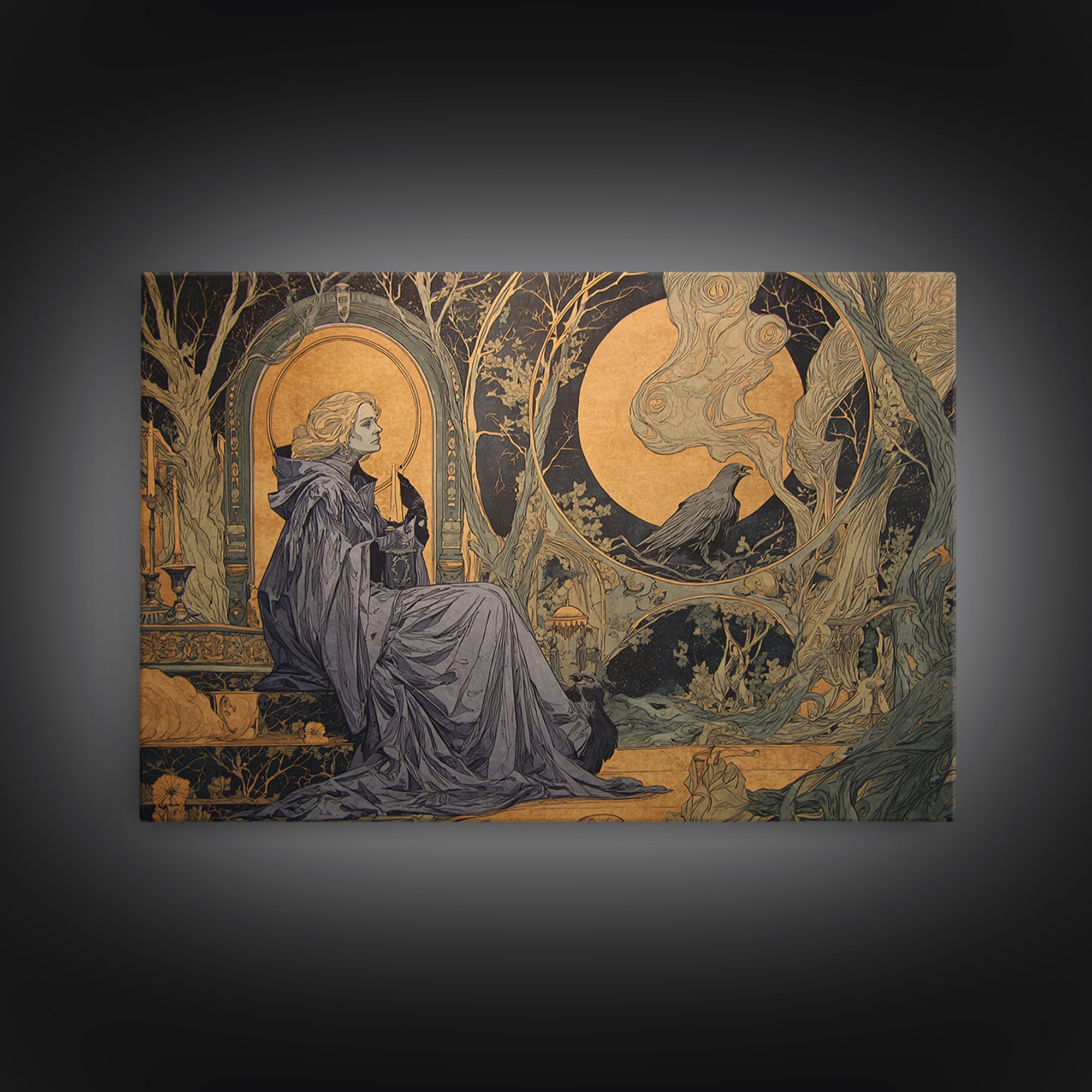 Art Nouveau Witchcraft, Expressionist Gothic Art, Landscape Wall Art, Macabre Wall Art, Framed Canvas Print, Halloween Wall Art