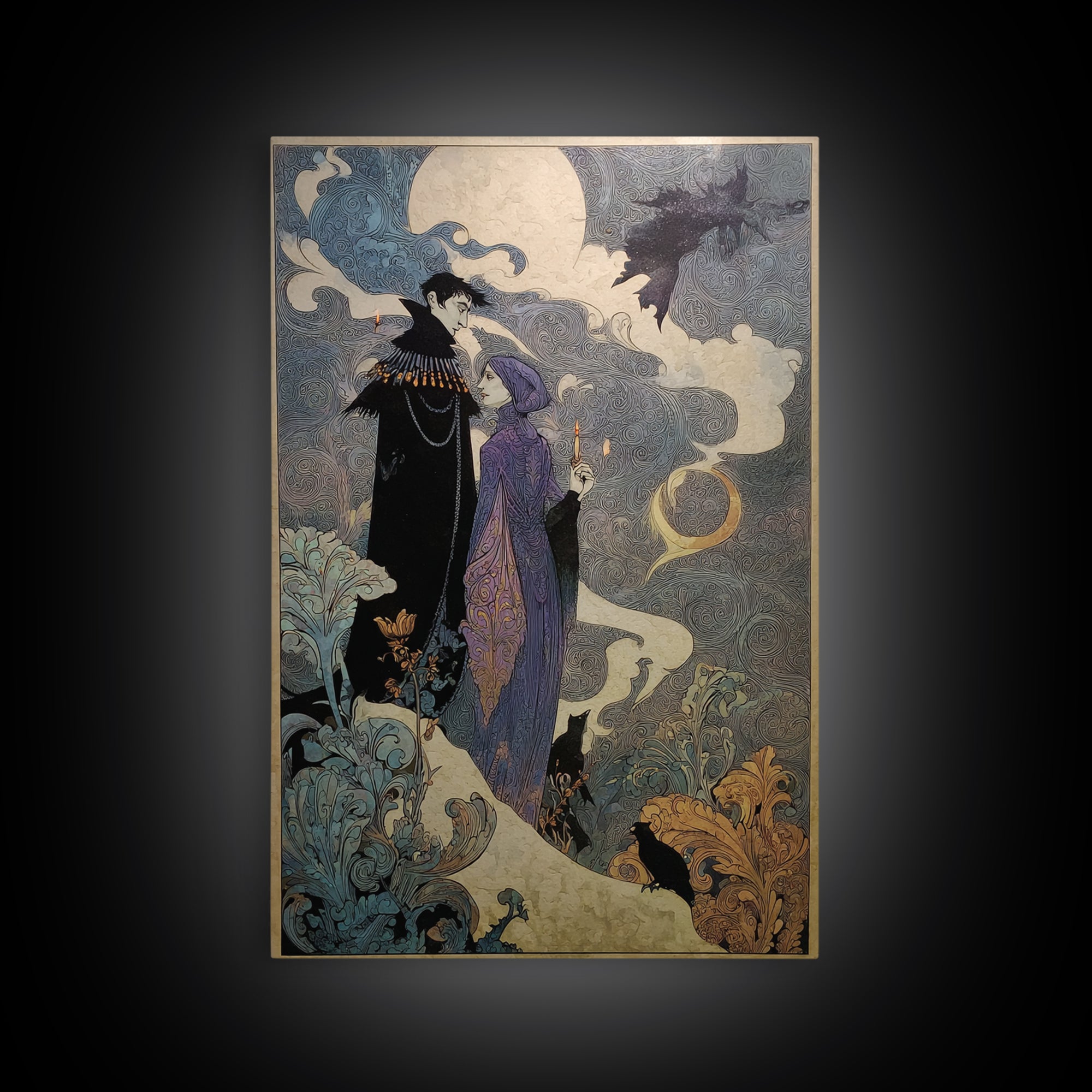 Art Nouveau Witchcraft, Stained Glass Gothic Art, Vertical Wall Art, Dark Halloween Decor, Canvas Print, Halloween Wall Art