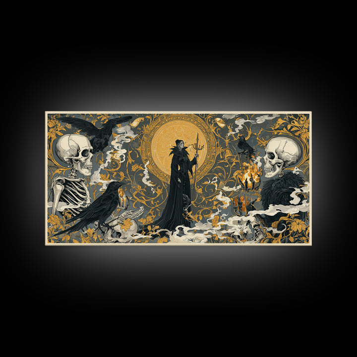 Art Nouveau Witchcraft, Macabre Folk Print Art, Wide Panoramic Art, Dark Fantasy Wall Art, Framed Canvas Print, Halloween Decor