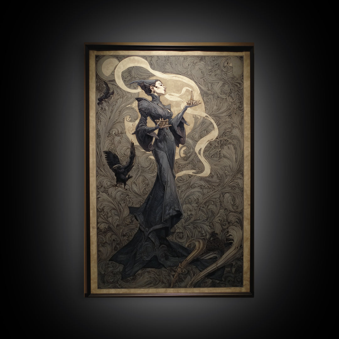 Art Nouveau Witchcraft, Biomechanical Horror Art, Vertical Wall Art, Gothic Horror Wall Art, Canvas Print, Halloween Wall Art