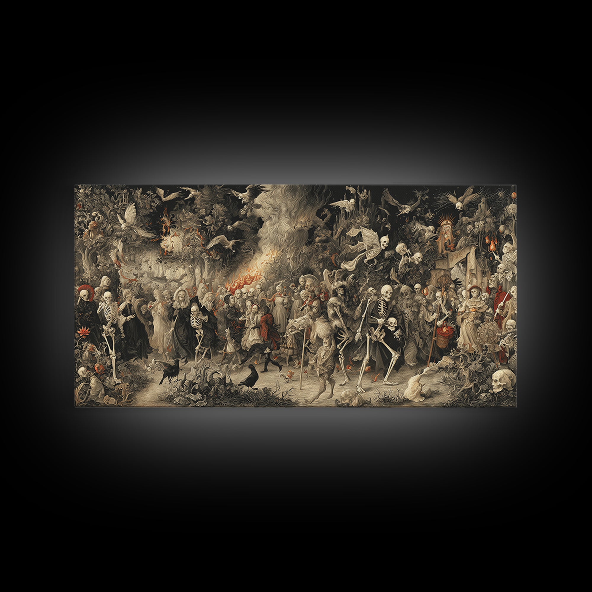 Medieval Danse Macabre, Medieval Grotesque Art, Wide Panoramic Art, Gothic Horror Wall Art, Canvas Print, Halloween Wall Art