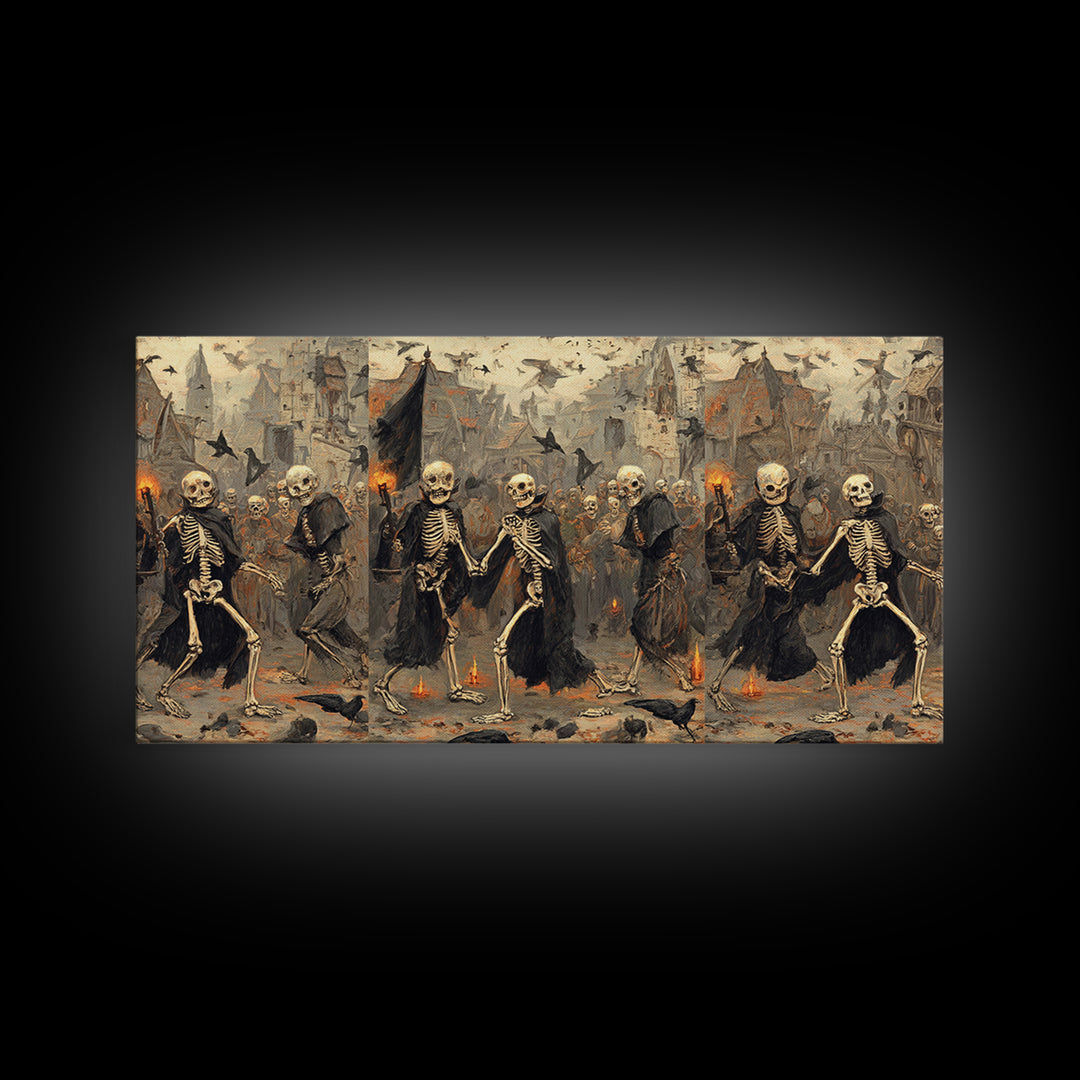Medieval Danse Macabre, Northern Renaissance Horror, Wide Panoramic Art, Dark Fantasy Wall Art, Framed Canvas Print