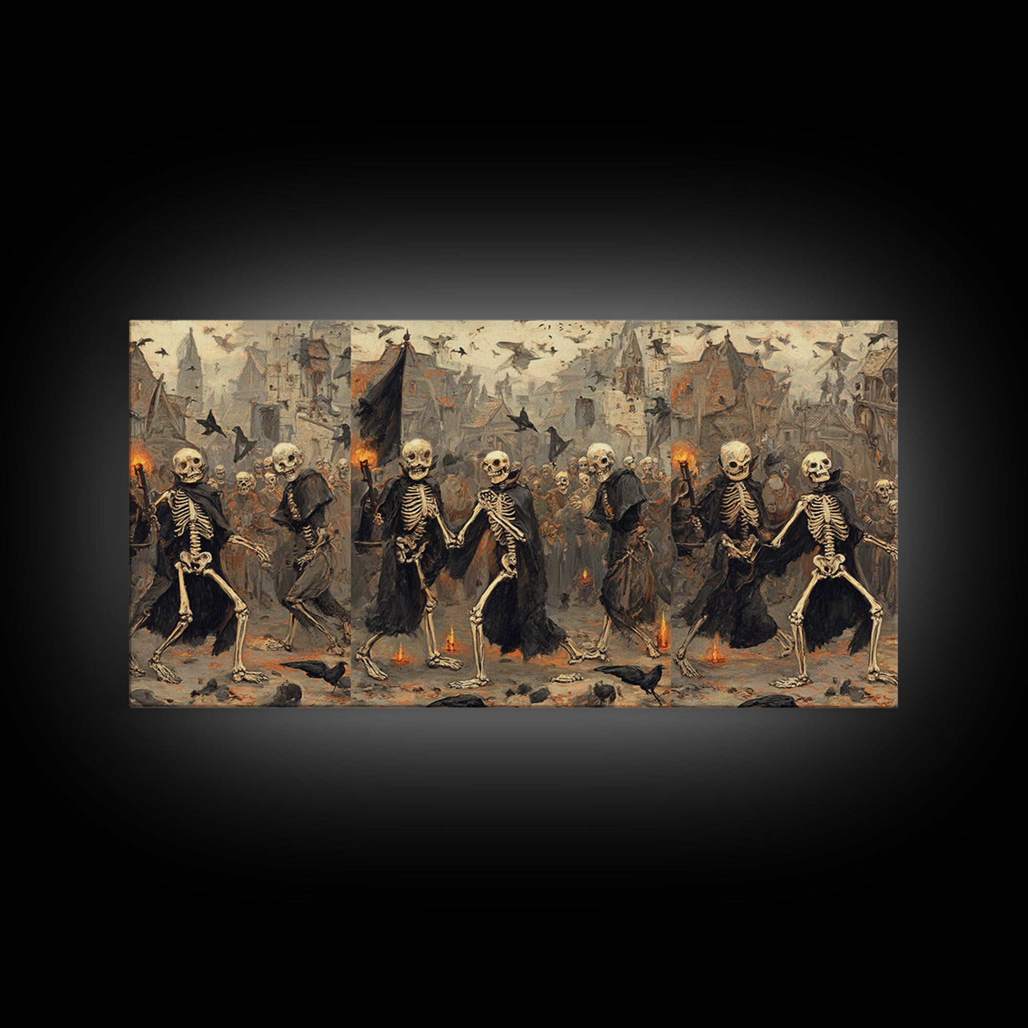 Medieval Danse Macabre, Northern Renaissance Horror, Wide Panoramic Art, Dark Fantasy Wall Art, Framed Canvas Print