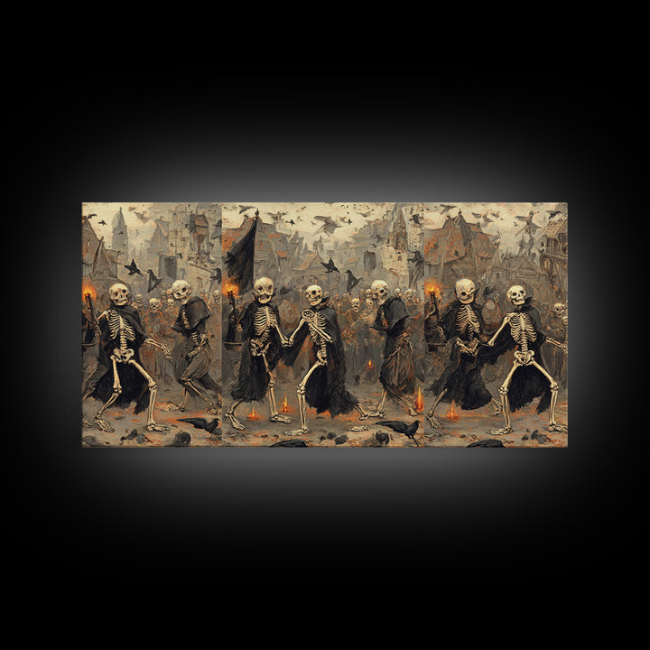 Medieval Danse Macabre, Northern Renaissance Horror, Wide Panoramic Art, Dark Fantasy Wall Art, Framed Canvas Print
