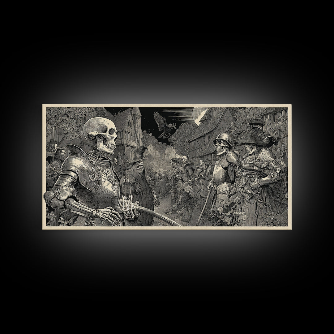 Medieval Danse Macabre, Renaissance Engraving Art, Wide Panoramic Art, Dark Fantasy Wall Art, Framed Canvas Print, Halloween Wall Art