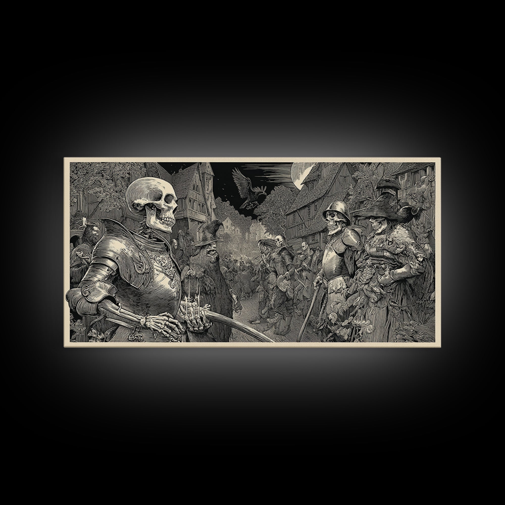 Medieval Danse Macabre, Renaissance Engraving Art, Wide Panoramic Art, Dark Fantasy Wall Art, Framed Canvas Print, Halloween Wall Art
