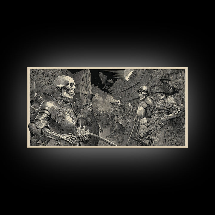 Medieval Danse Macabre, Renaissance Engraving Art, Wide Panoramic Art, Dark Fantasy Wall Art, Framed Canvas Print, Halloween Wall Art