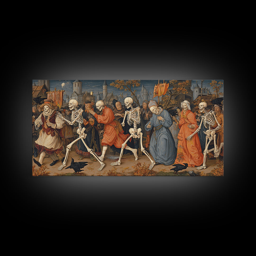 Medieval Danse Macabre, Danse Macabre Art, Wide Panoramic Art, Dark Fantasy Wall Art, Canvas Print, Halloween Wall Art
