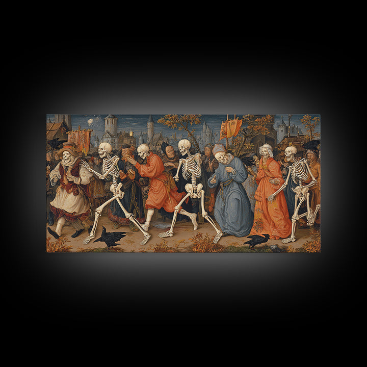 Medieval Danse Macabre, Danse Macabre Art, Wide Panoramic Art, Dark Fantasy Wall Art, Canvas Print, Halloween Wall Art