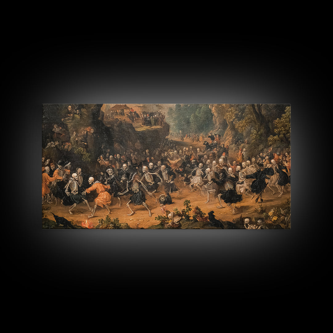 Medieval Danse Macabre, Baroque Witchcraft Art, Wide Panoramic Art, Dark Halloween Decor, Canvas Print, Halloween Wall Art