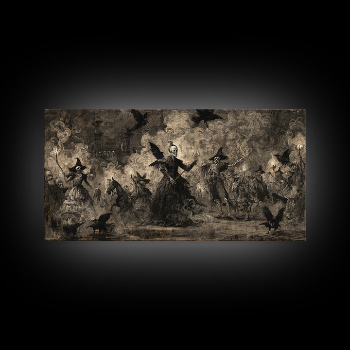 Medieval Danse Macabre, Dark Romantic Horror Art, Wide Panoramic Art, Gothic Horror Wall Art, Framed Canvas Print, Halloween Wall Art
