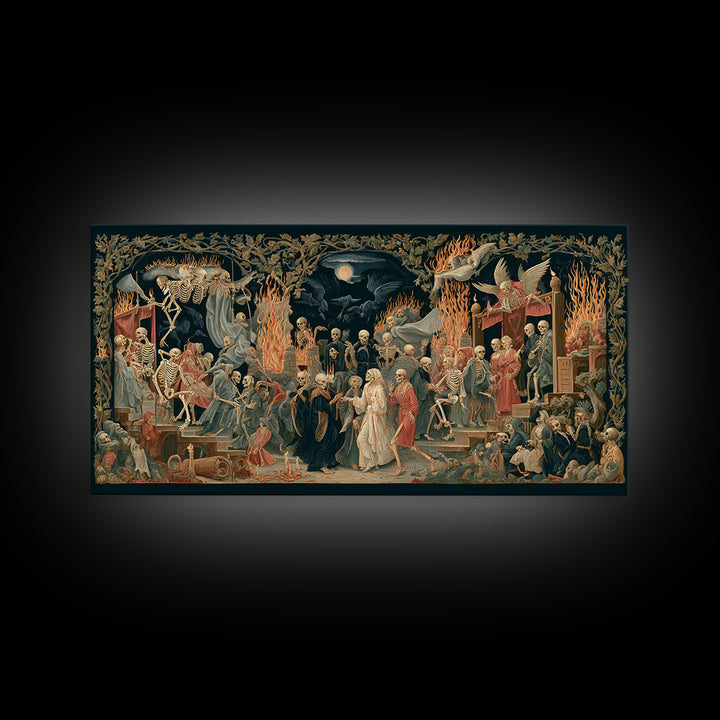 Medieval Danse Macabre, Visionary Gothic Art, Wide Panoramic Art, Dark Fantasy Wall Art, Framed Canvas Print, Halloween Wall Art