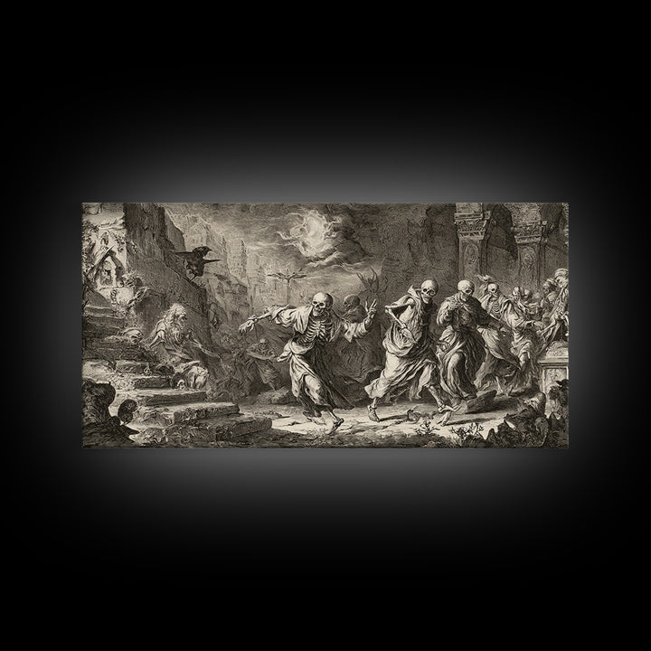 Medieval Danse Macabre, Architectural Etching Art, Wide Panoramic Art, Dark Halloween Decor, Framed Canvas Print