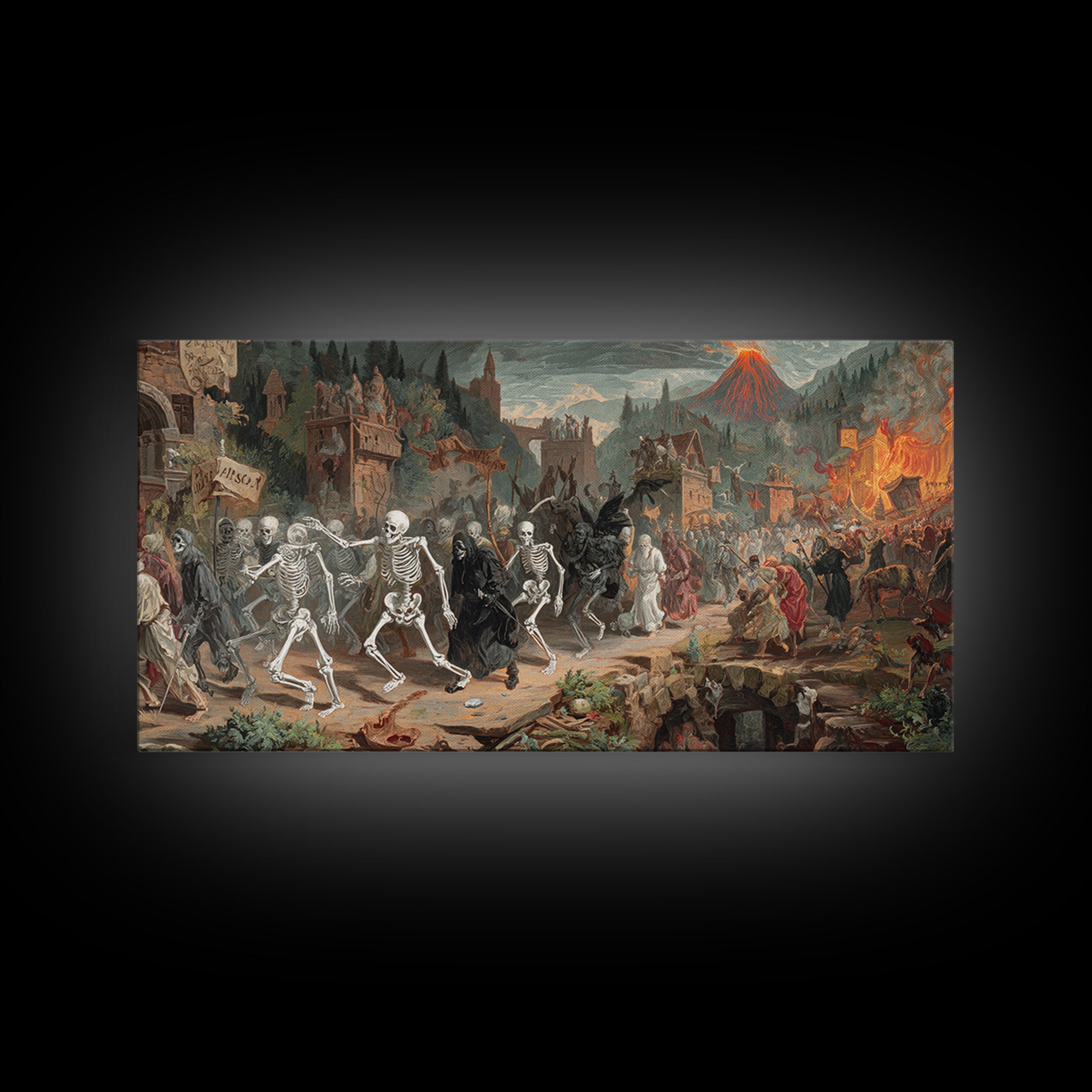 Medieval Danse Macabre, Apocalyptic Romantic Art, Wide Panoramic Art, Gothic Horror Wall Art, Canvas Print, Halloween Wall Art