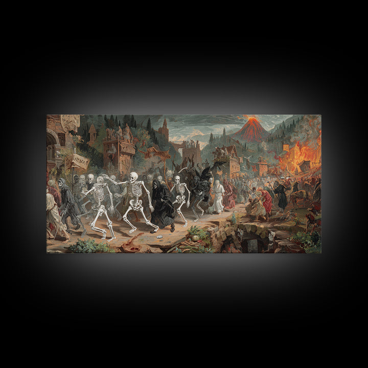 Medieval Danse Macabre, Apocalyptic Romantic Art, Wide Panoramic Art, Gothic Horror Wall Art, Canvas Print, Halloween Wall Art