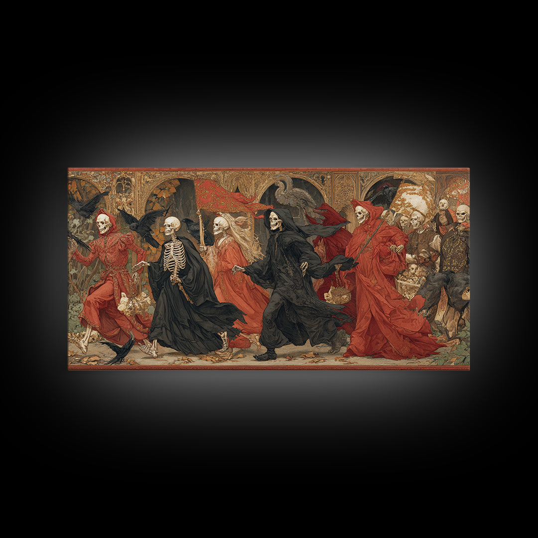 Medieval Danse Macabre, Ornate Symbolist Art, Wide Panoramic Art, Macabre Wall Art, Canvas Print, Halloween Wall Art
