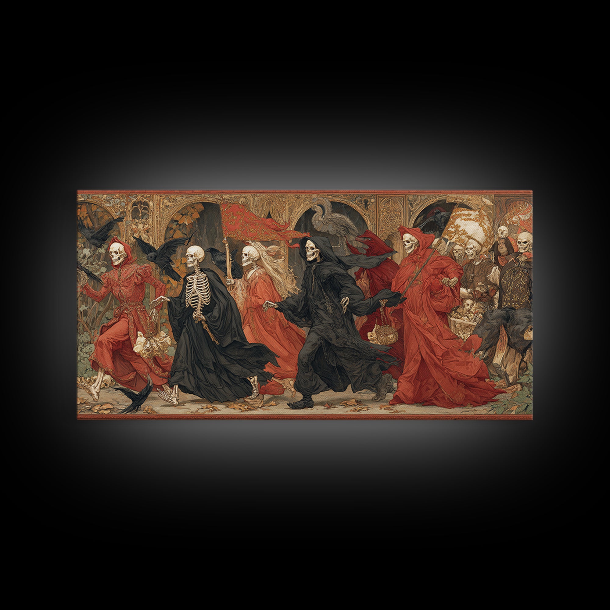 Medieval Danse Macabre, Ornate Symbolist Art, Wide Panoramic Art, Macabre Wall Art, Canvas Print, Halloween Wall Art