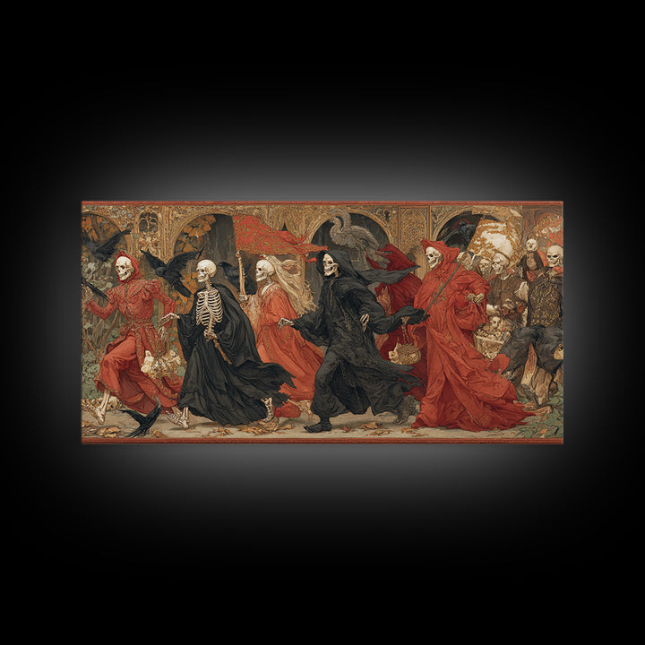 Medieval Danse Macabre, Ornate Symbolist Art, Wide Panoramic Art, Macabre Wall Art, Canvas Print, Halloween Wall Art