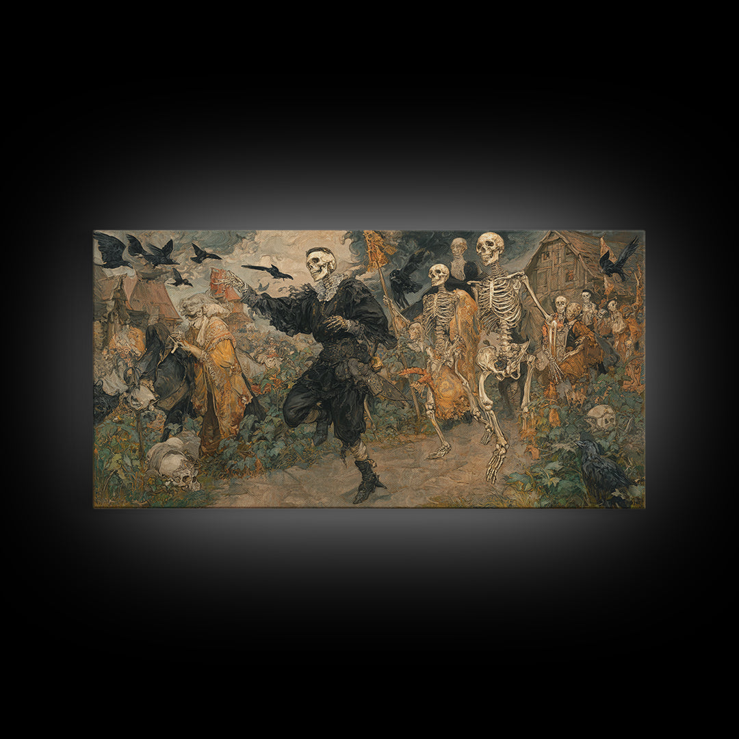 Medieval Danse Macabre, Decadent Gothic Art, Wide Panoramic Art, Macabre Wall Art, Framed Canvas Print, Halloween Wall Art