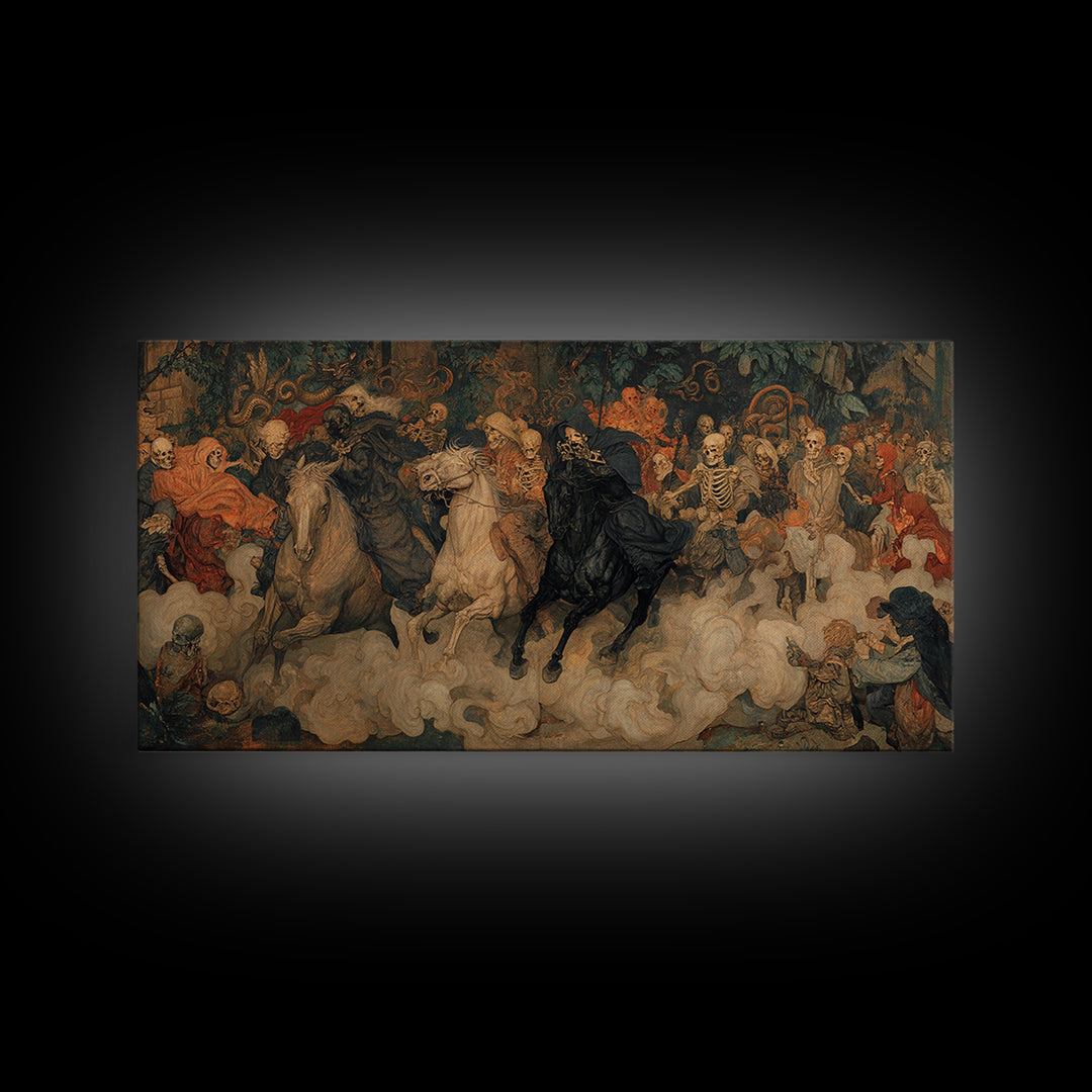 Medieval Danse Macabre, Dark Symbolist Art, Wide Panoramic Art, Dark Halloween Decor, Canvas Print, Halloween Wall Art