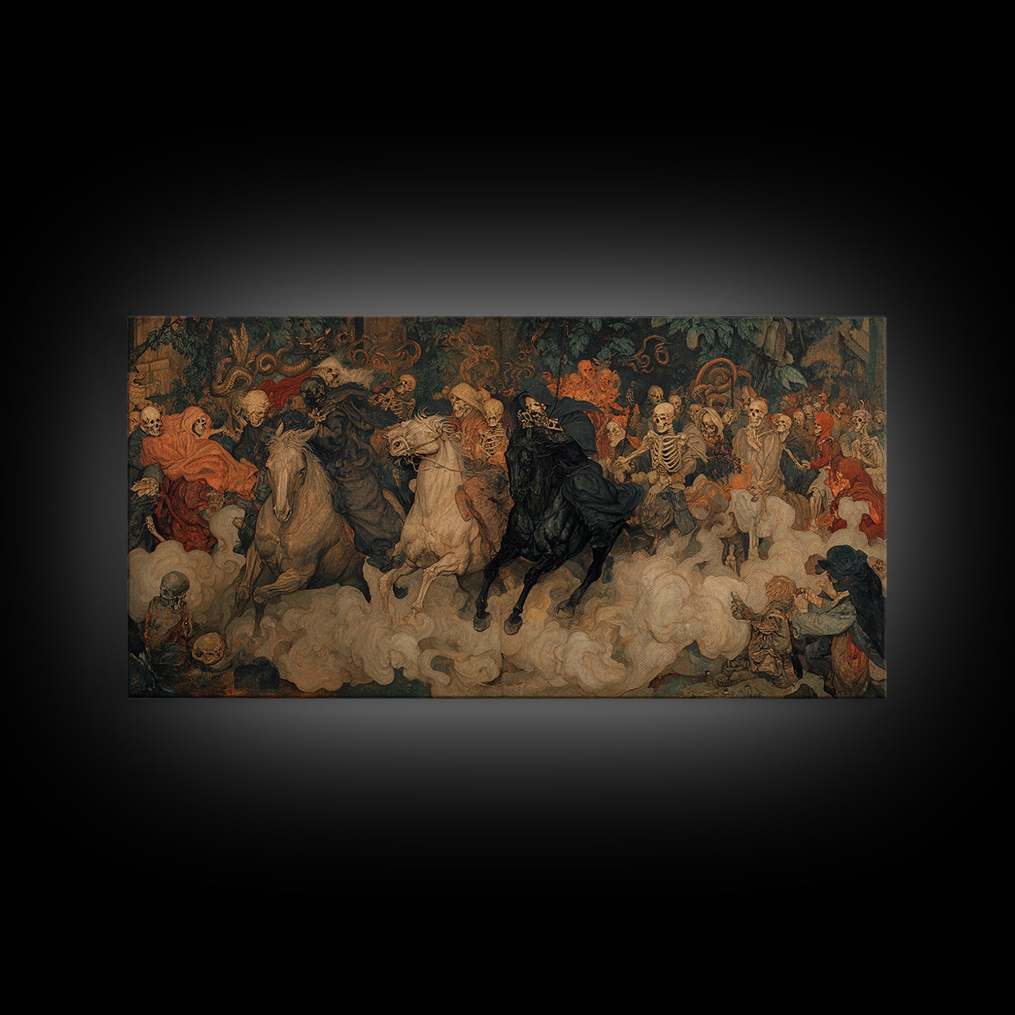 Medieval Danse Macabre, Dark Symbolist Art, Wide Panoramic Art, Dark Halloween Decor, Canvas Print, Halloween Wall Art