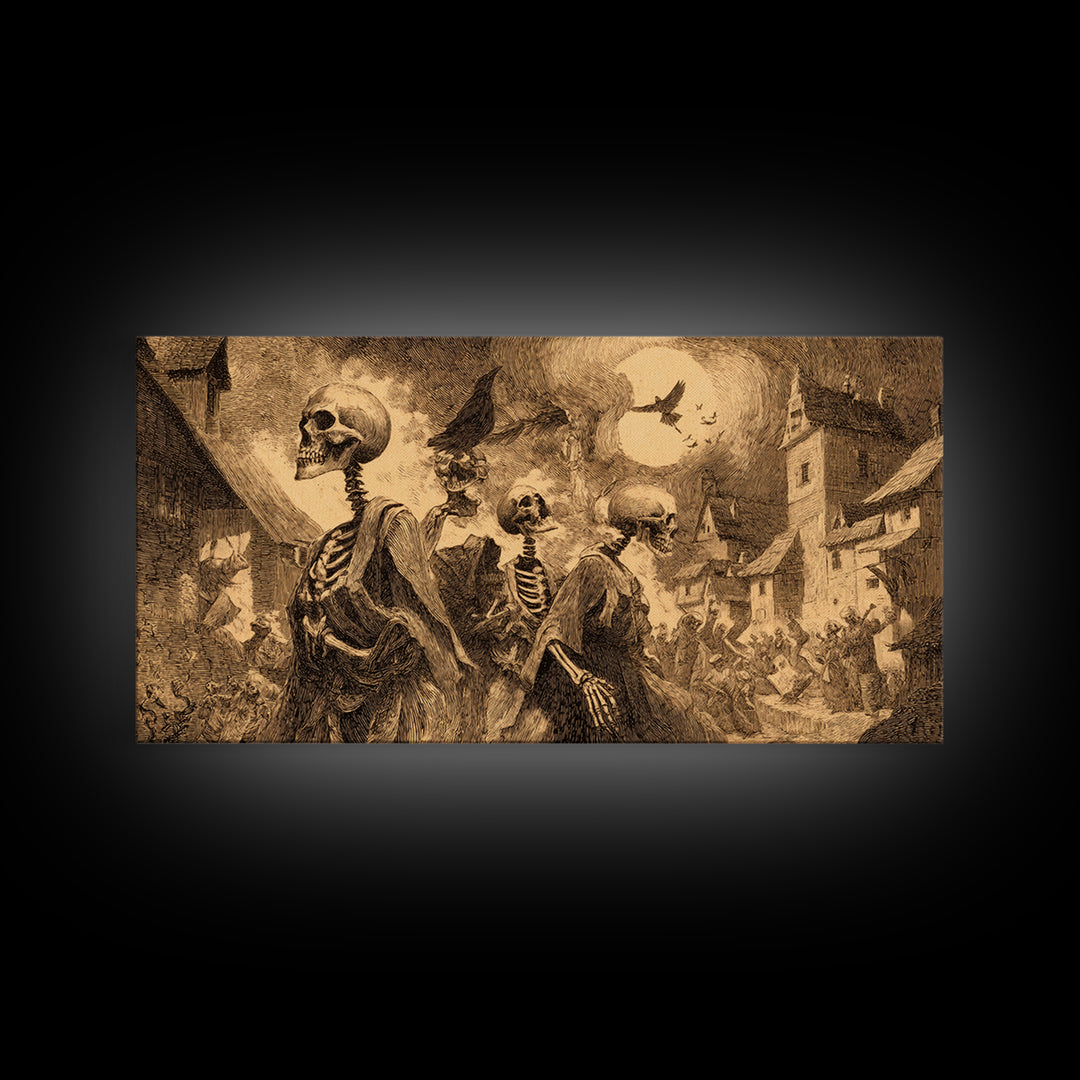 Medieval Danse Macabre, Expressionist Nightmare Art, Wide Panoramic Art, Dark Fantasy Wall Art, Framed Canvas Print, Halloween Wall Art