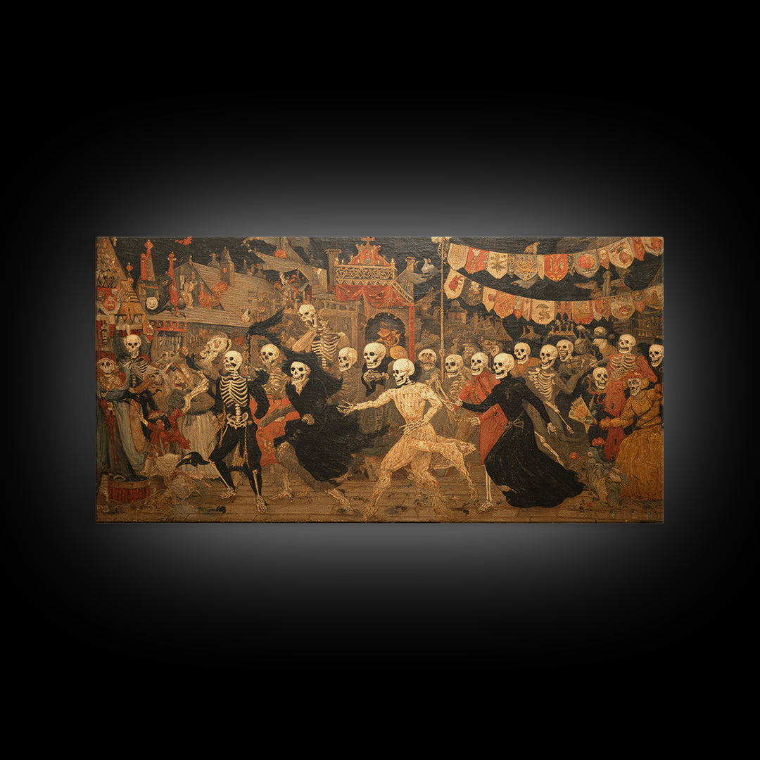 Medieval Danse Macabre, Grotesque Carnival Art, Wide Panoramic Art, Dark Fantasy Wall Art, Canvas Print, Halloween Wall Art