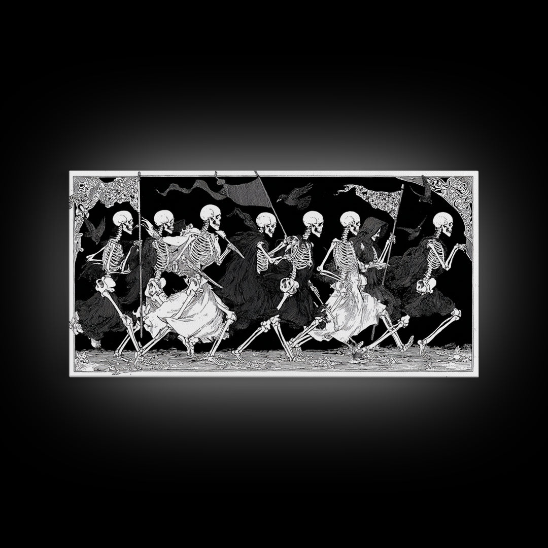 Medieval Danse Macabre, Decadent Line Art, Wide Panoramic Art, Dark Halloween Decor, Canvas Print, Halloween Wall Art