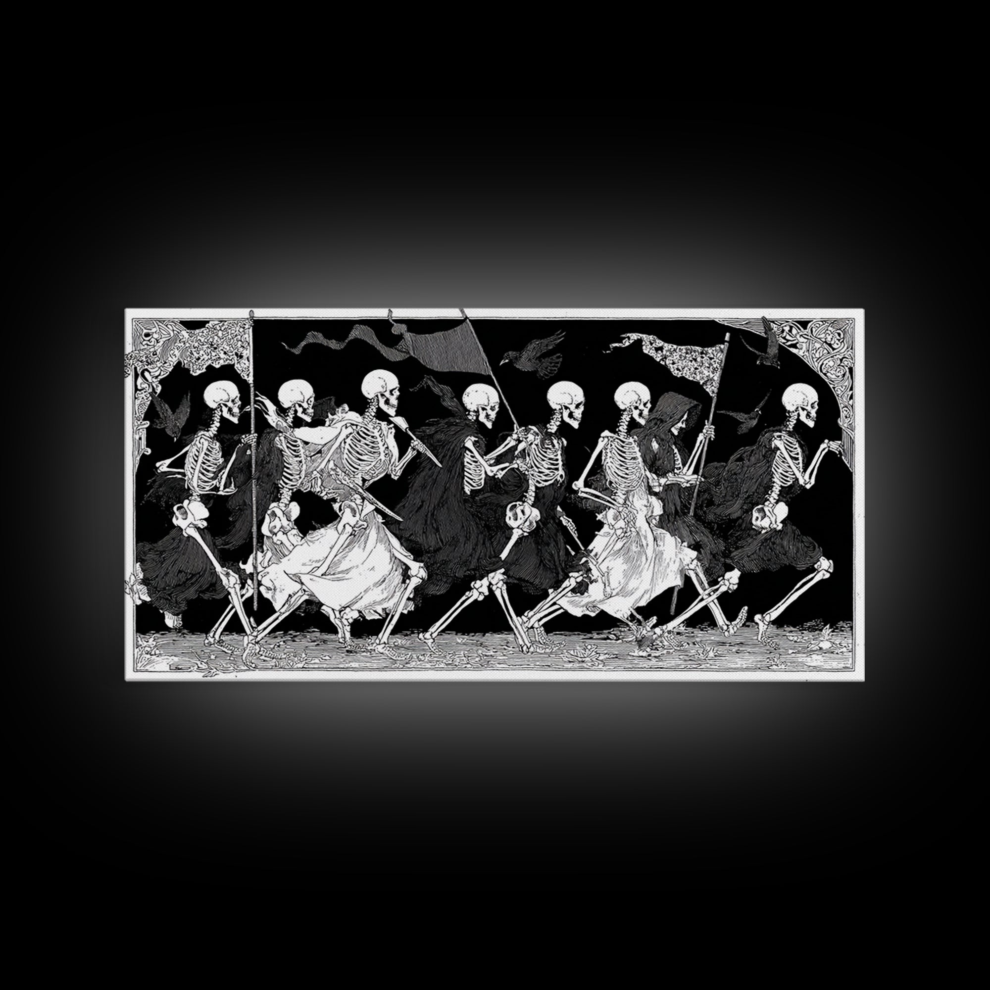 Medieval Danse Macabre, Decadent Line Art, Wide Panoramic Art, Dark Halloween Decor, Canvas Print, Halloween Wall Art