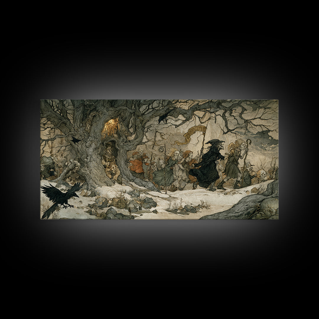 Medieval Danse Macabre, Gothic Storybook Art, Wide Panoramic Art, Dark Halloween Decor, Canvas Print, Halloween Wall Art