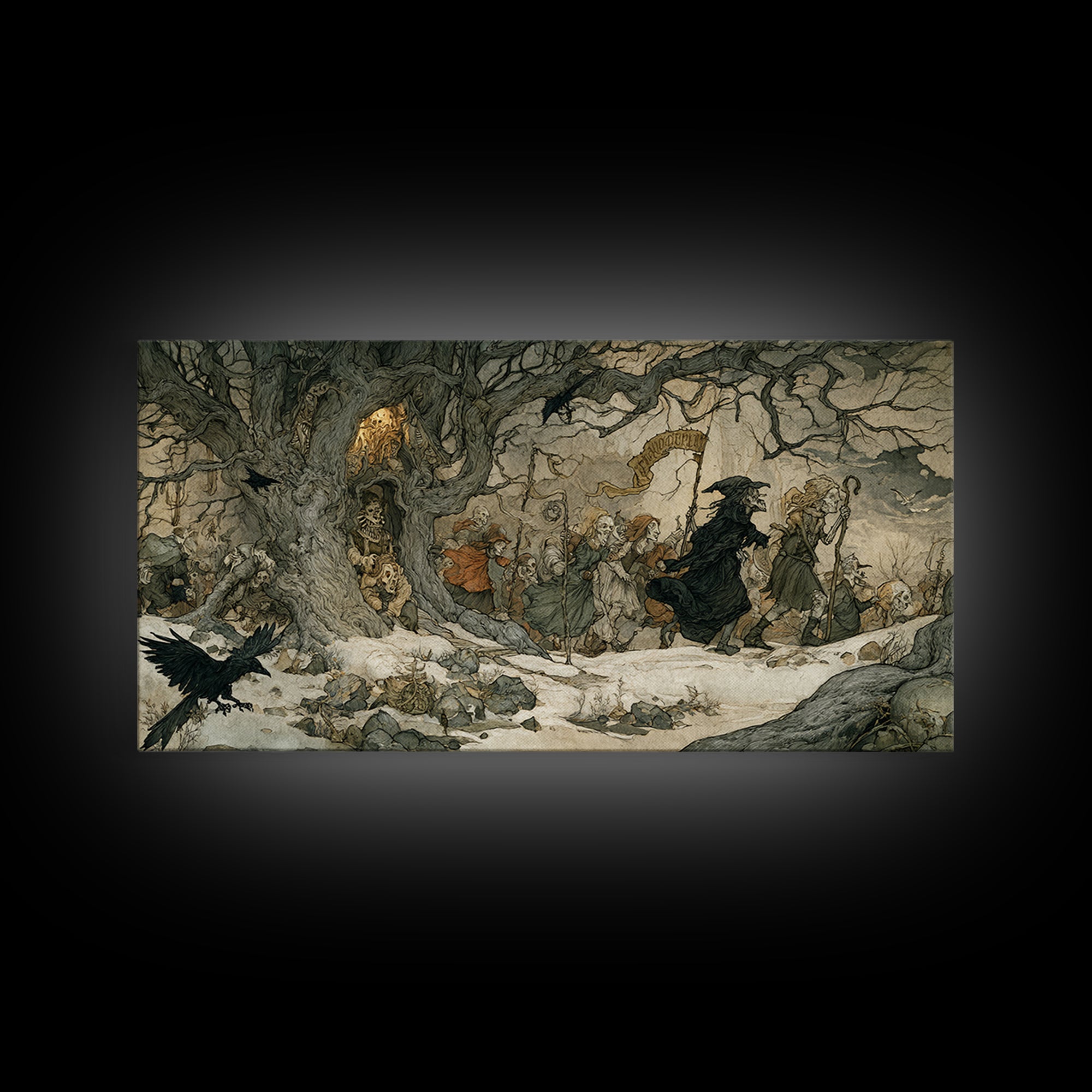 Medieval Danse Macabre, Gothic Storybook Art, Wide Panoramic Art, Dark Halloween Decor, Canvas Print, Halloween Wall Art
