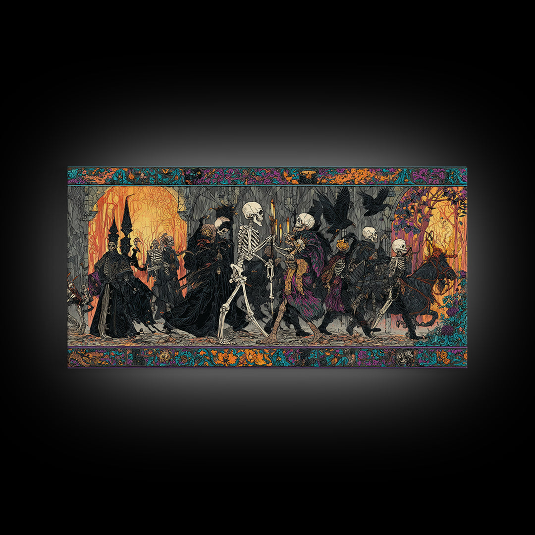 Medieval Danse Macabre, Stained Glass Gothic Art, Wide Panoramic Art, Gothic Horror Wall Art, Framed Canvas Print, Halloween Wall Art