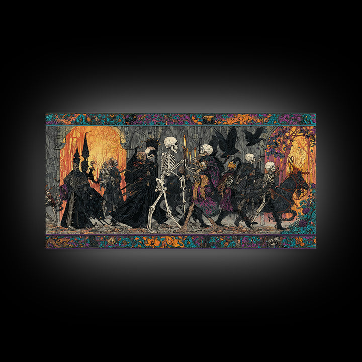Medieval Danse Macabre, Stained Glass Gothic Art, Wide Panoramic Art, Gothic Horror Wall Art, Framed Canvas Print, Halloween Wall Art