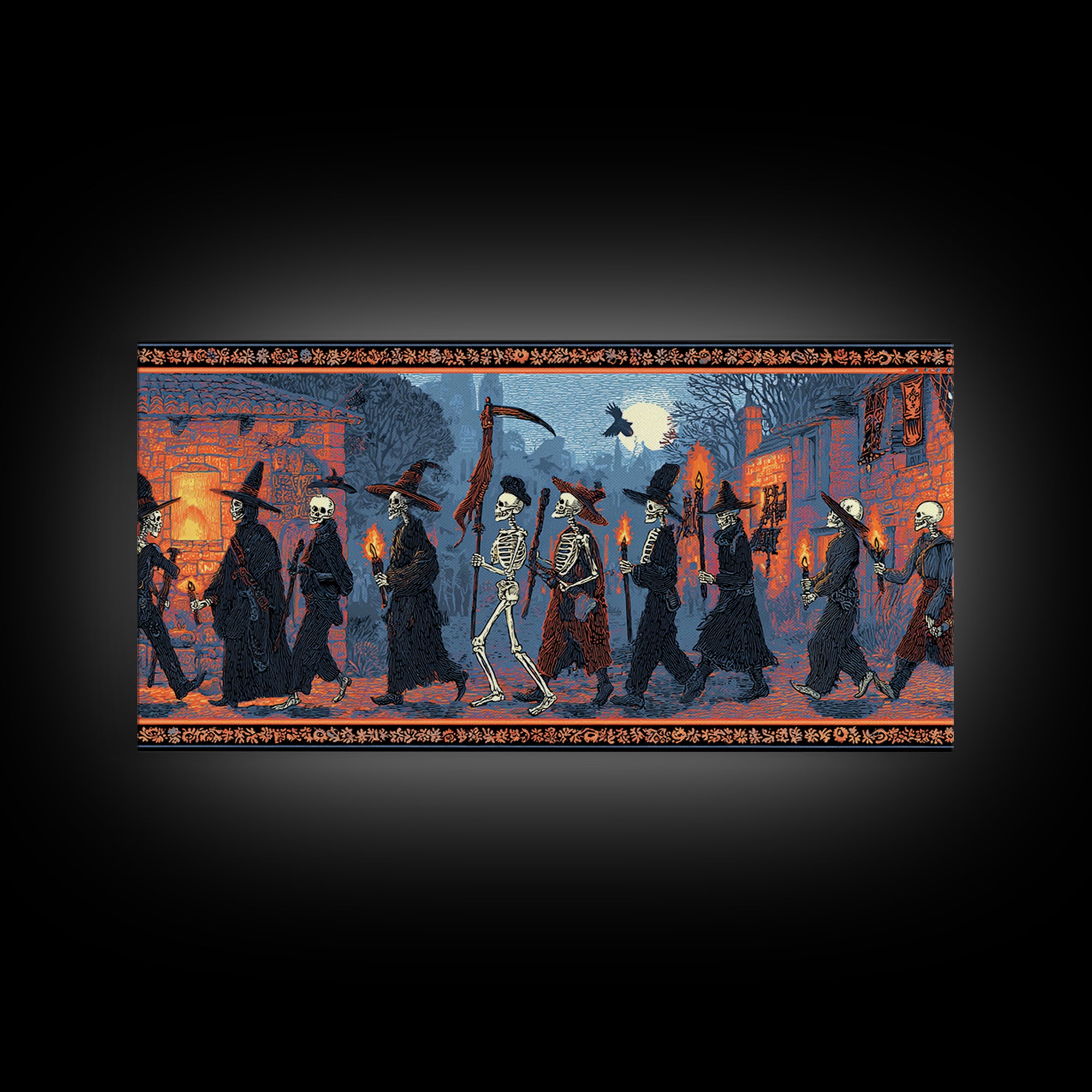 Medieval Danse Macabre, Macabre Folk Print Art, Wide Panoramic Art, Dark Fantasy Wall Art, Canvas Print, Halloween Wall Art