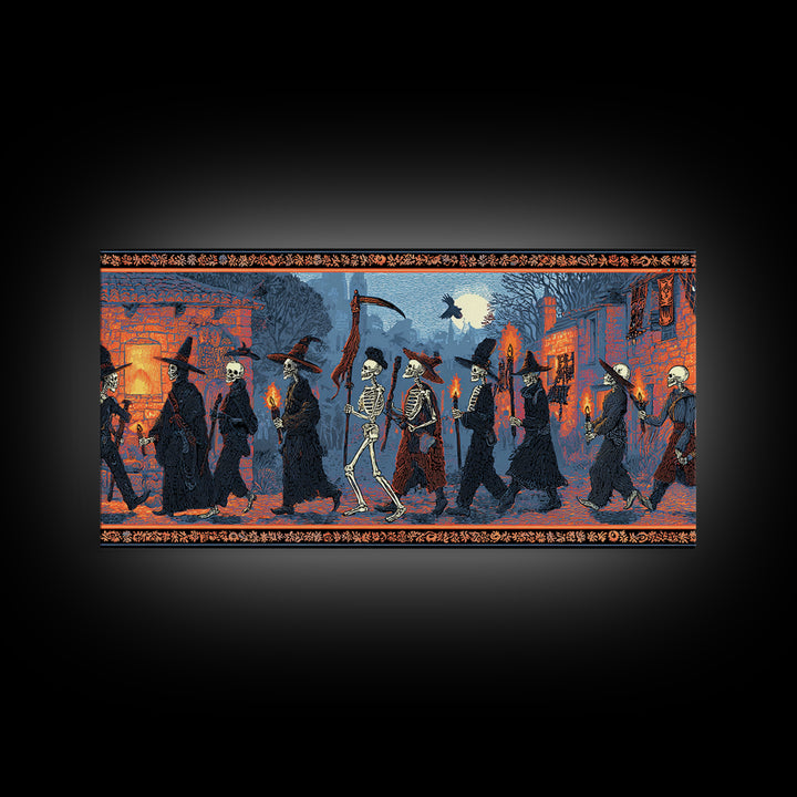 Medieval Danse Macabre, Macabre Folk Print Art, Wide Panoramic Art, Dark Fantasy Wall Art, Canvas Print, Halloween Wall Art