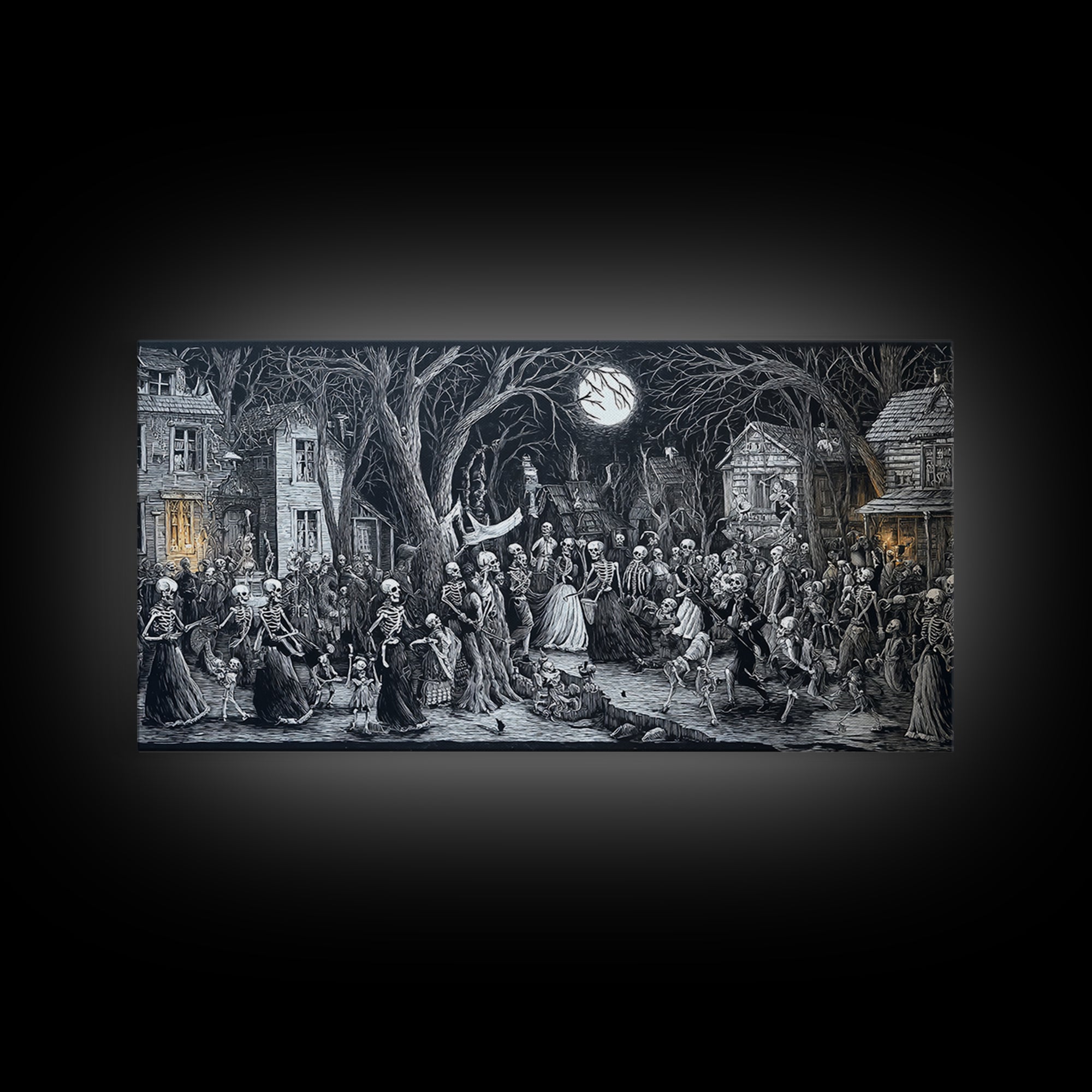 Medieval Danse Macabre, Victorian Macabre Art, Wide Panoramic Art, Gothic Horror Wall Art, Framed Canvas Print, Halloween Wall Art
