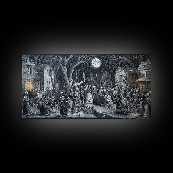 Medieval Danse Macabre, Victorian Macabre Art, Wide Panoramic Art, Gothic Horror Wall Art, Framed Canvas Print, Halloween Wall Art