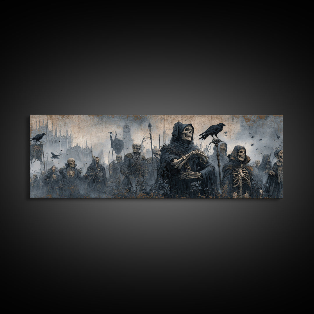 Medieval Danse Macabre, Surreal Apocalyptic Art, Extra Wide Wall Art, Dark Fantasy Wall Art, Framed Canvas Print, Halloween Wall Art