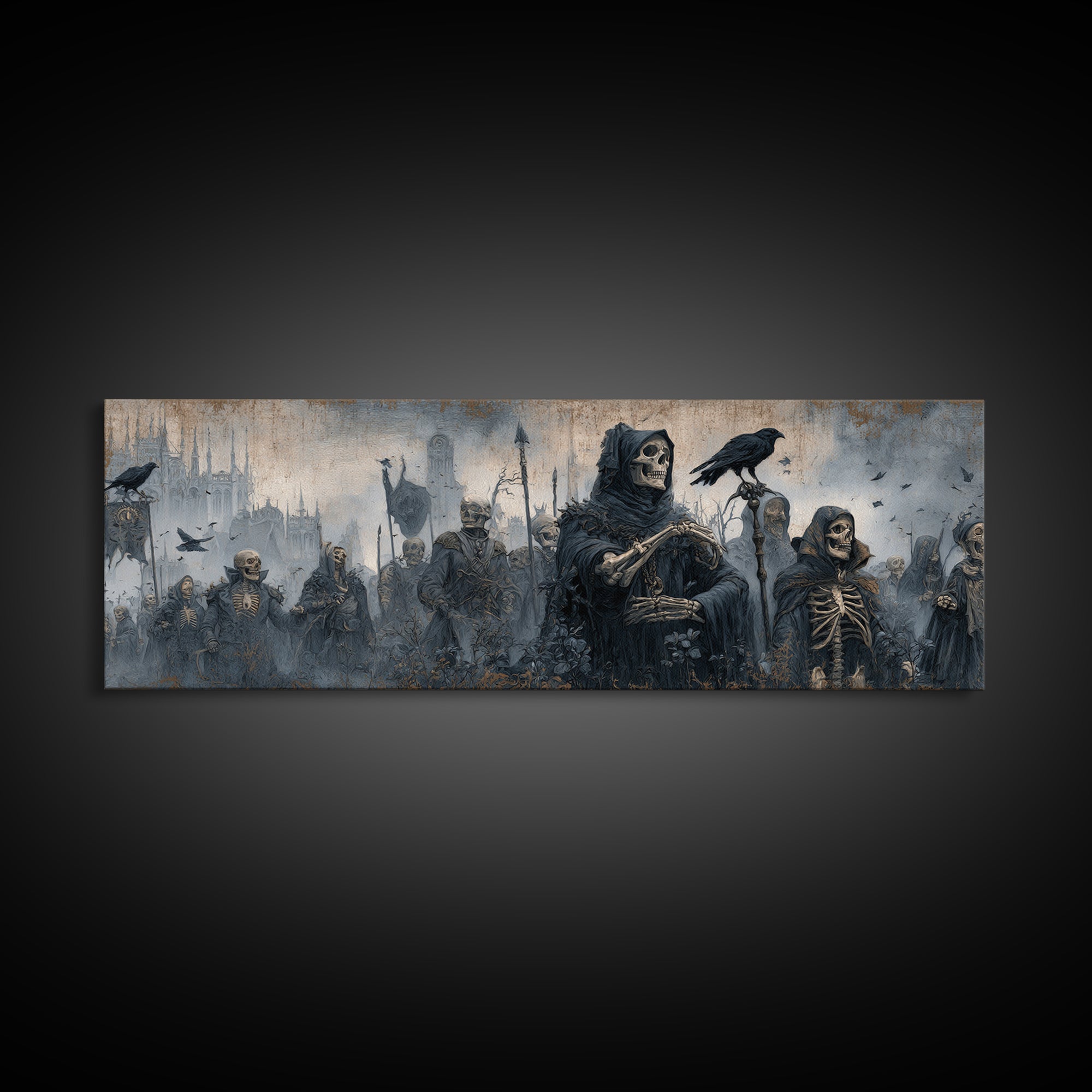 Medieval Danse Macabre, Surreal Apocalyptic Art, Extra Wide Wall Art, Dark Fantasy Wall Art, Framed Canvas Print, Halloween Wall Art