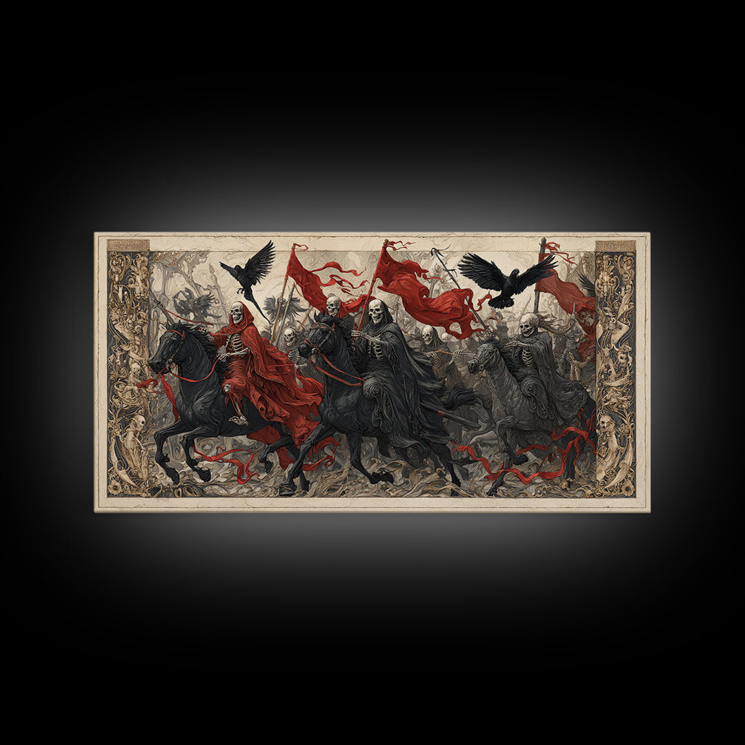 Medieval Danse Macabre, Biomechanical Horror Art, Wide Panoramic Art, Dark Halloween Decor, Canvas Print, Halloween Wall Art
