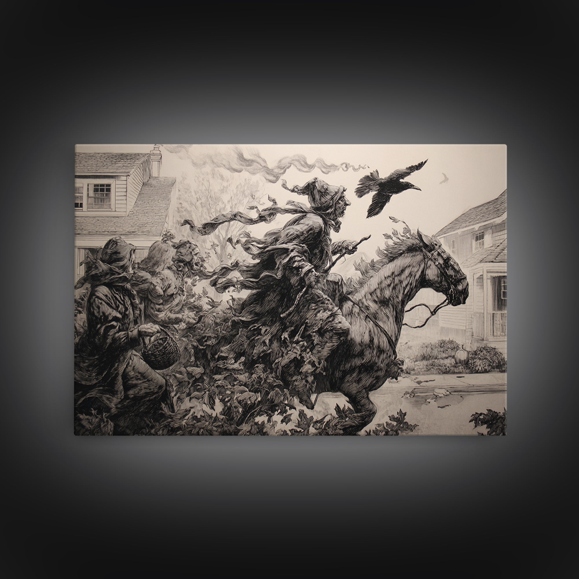 1950s Halloween Nostalgia, Renaissance Engraving Art, Landscape Wall Art, Dark Fantasy Wall Art, Canvas Print, Halloween Wall Art