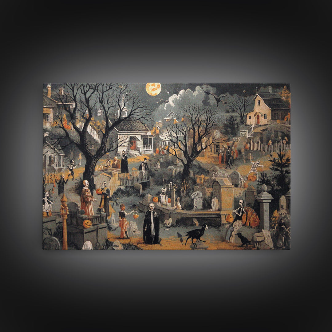 1950s Halloween Nostalgia, Danse Macabre Art, Landscape Wall Art, Macabre Wall Art, Canvas Print, Halloween Wall Art