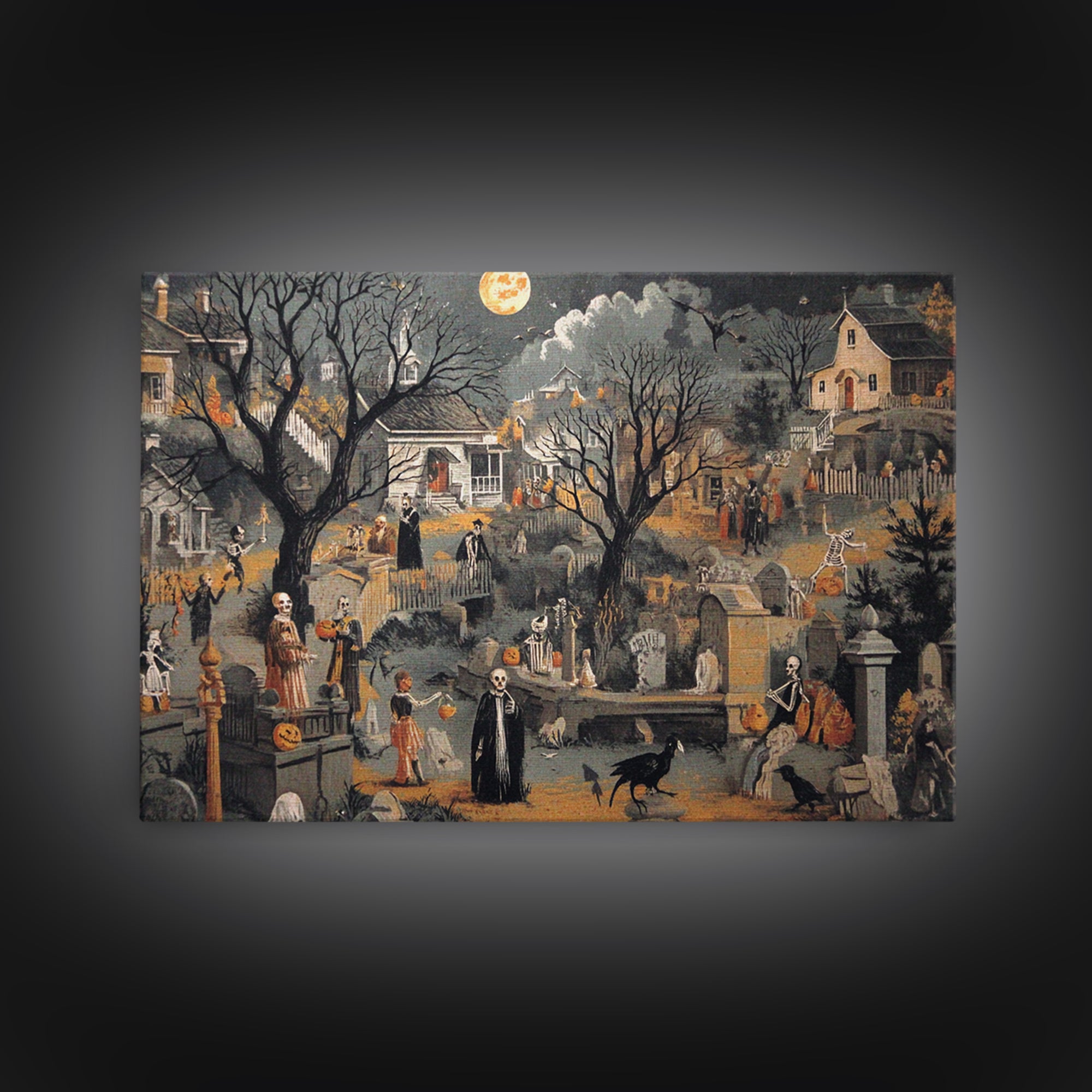 1950s Halloween Nostalgia, Danse Macabre Art, Landscape Wall Art, Macabre Wall Art, Canvas Print, Halloween Wall Art