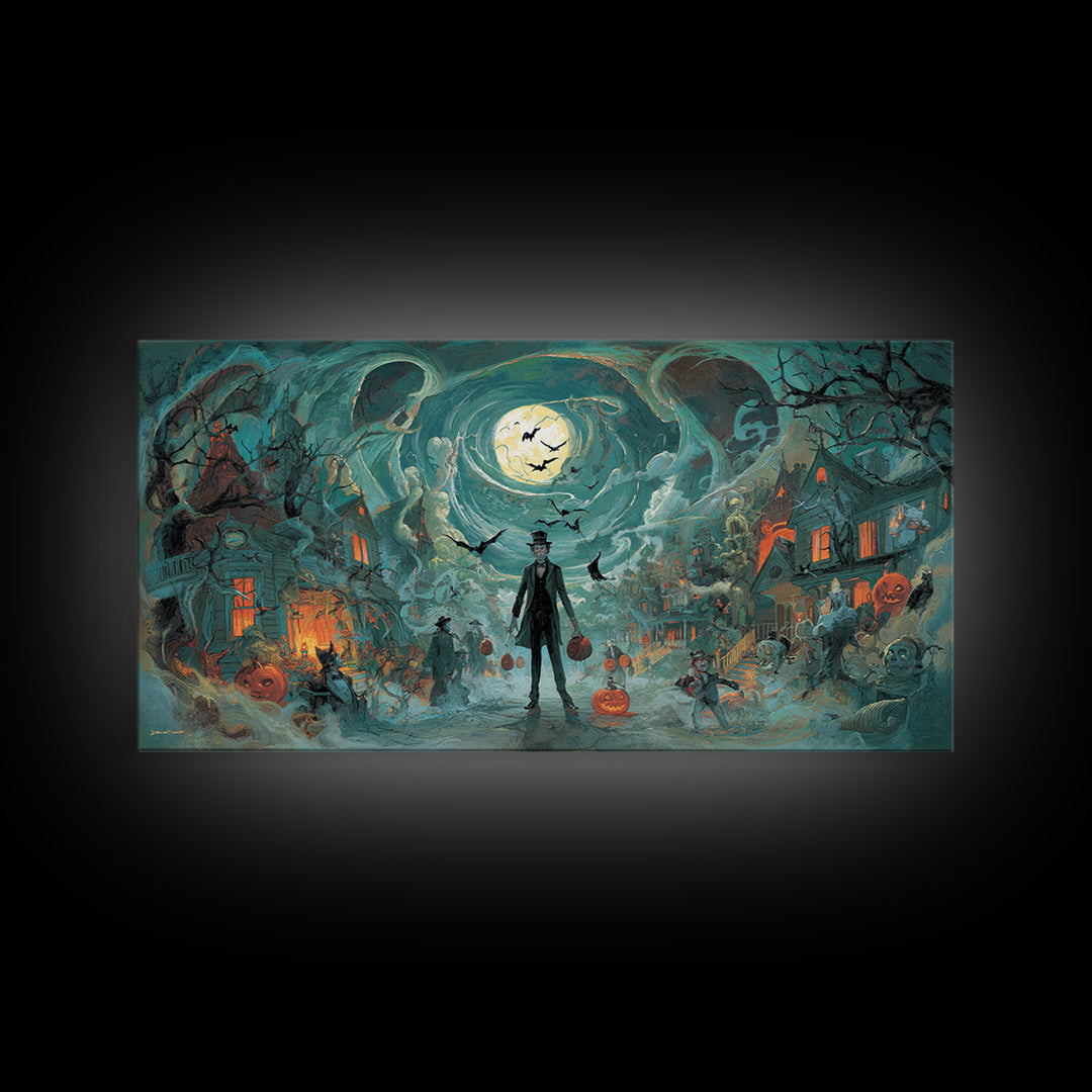 1950s Halloween Nostalgia, Apocalyptic Romantic Art, Wide Panoramic Art, Macabre Wall Art, Framed Canvas Print, Halloween Wall Art