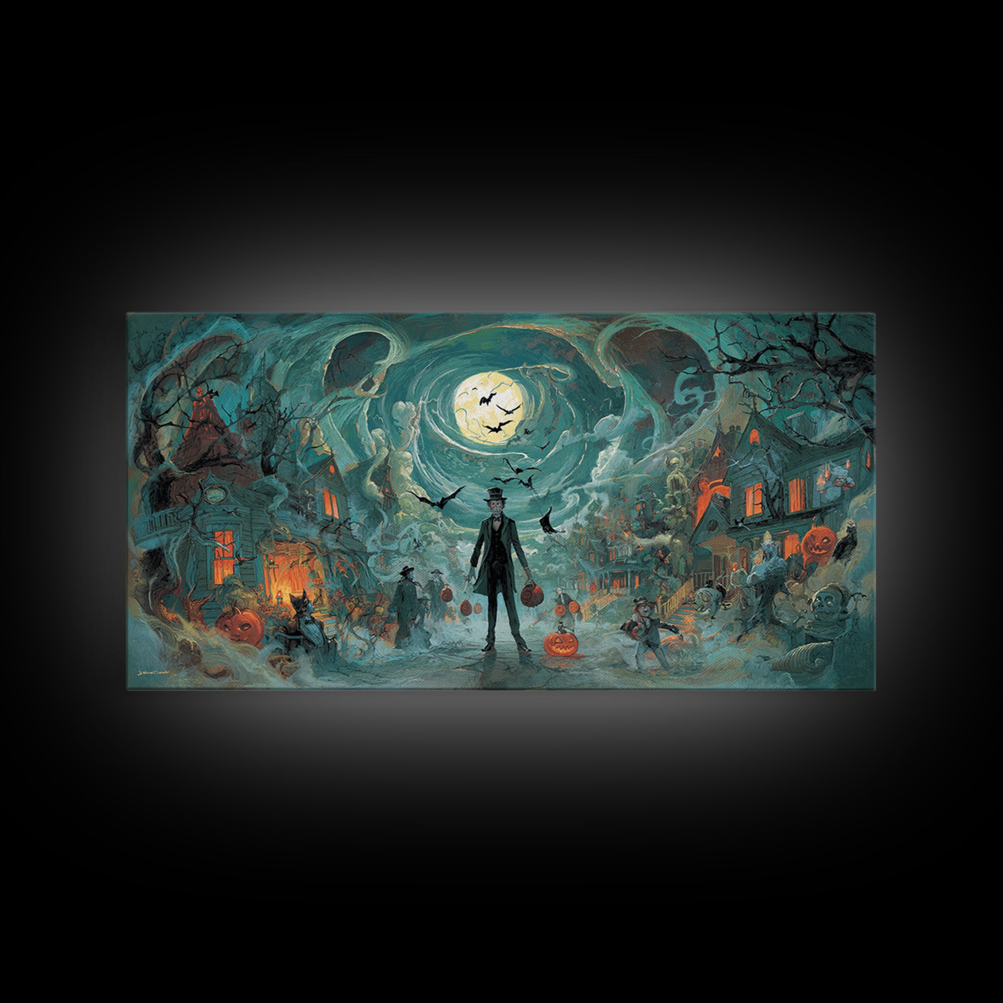 1950s Halloween Nostalgia, Apocalyptic Romantic Art, Wide Panoramic Art, Macabre Wall Art, Framed Canvas Print, Halloween Wall Art