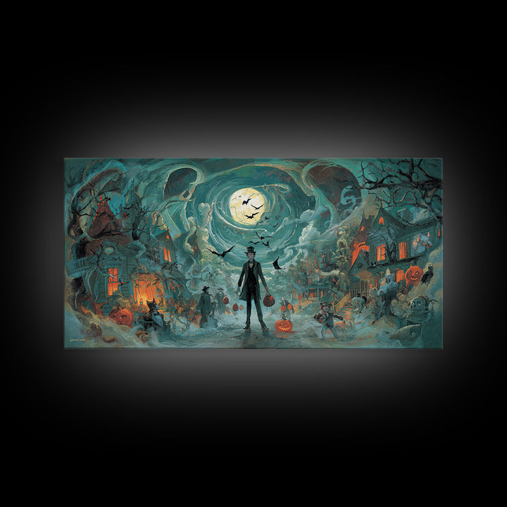 1950s Halloween Nostalgia, Apocalyptic Romantic Art, Wide Panoramic Art, Macabre Wall Art, Framed Canvas Print, Halloween Wall Art