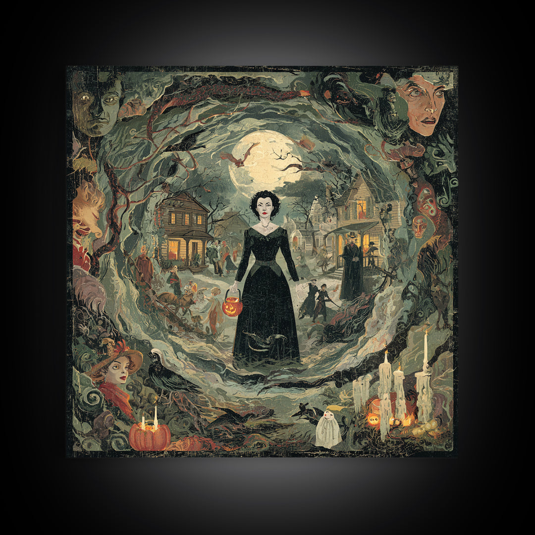 1950s Halloween Nostalgia, Dark Symbolist Art, Square Wall Art, Gothic Horror Wall Art, Framed Canvas Print, Halloween Wall Art